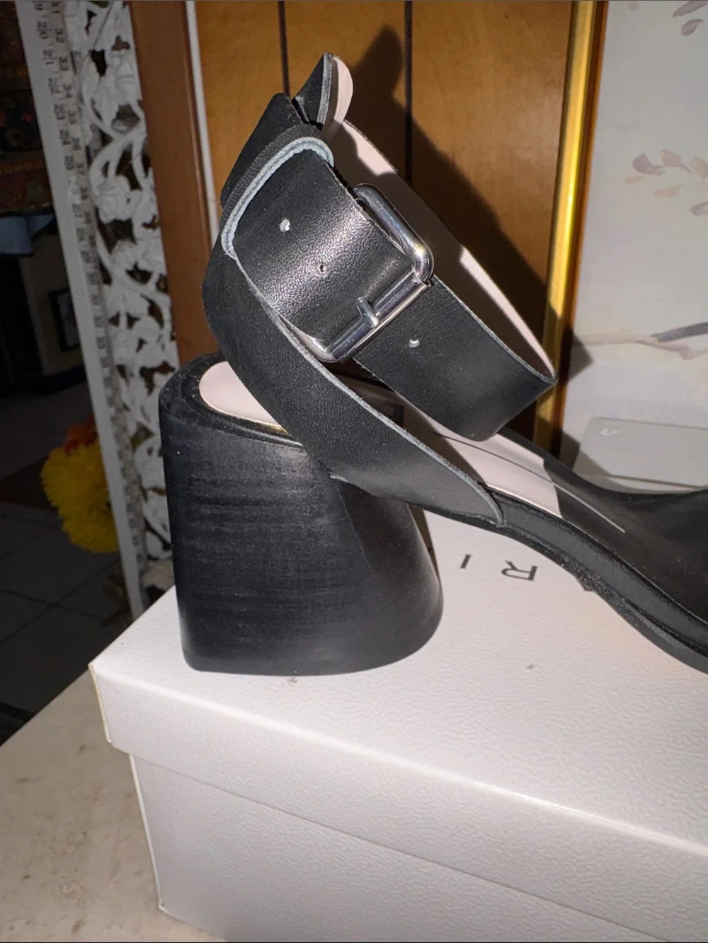 Black leather Lea Block Heel Buckle Sandals by